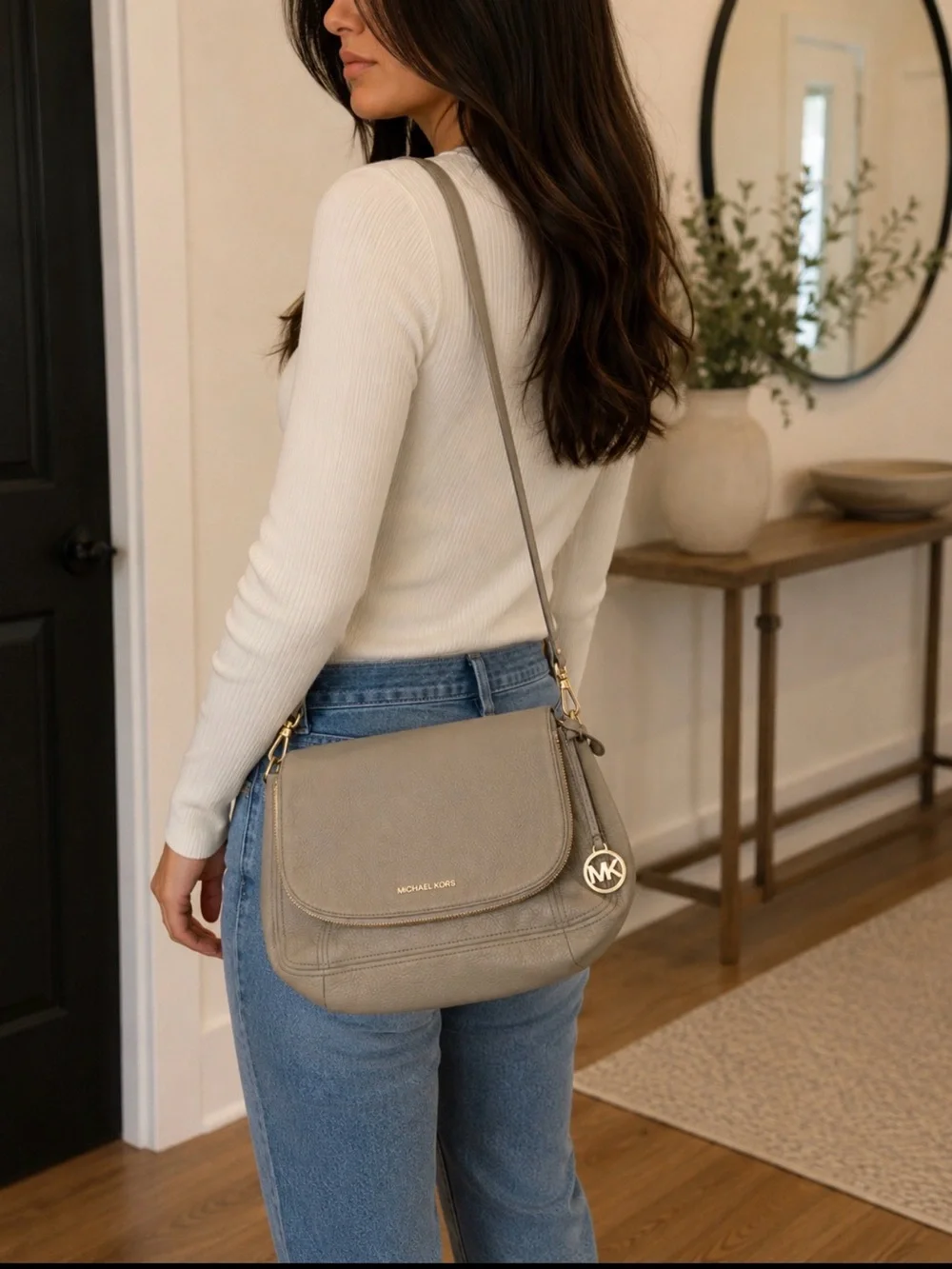 Michael Kors Taupe Leather Crossbody Bag with Gold Accents